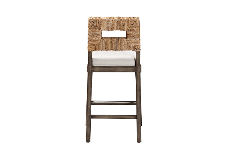 Iria Modern Bohemian Dark Brown Finished Mahogany Wood and Natural Rattan Counter Stool