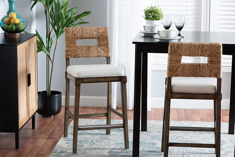 Iria Modern Bohemian Dark Brown Finished Mahogany Wood and Natural Rattan Counter Stool