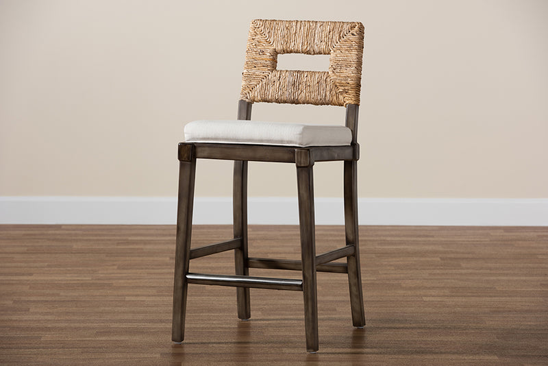 Iria Modern Bohemian Dark Brown Finished Mahogany Wood and Natural Rattan Counter Stool