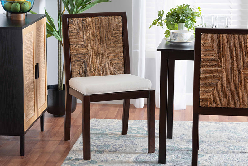 Ani Modern Bohemian Dark Brown Mahogany Wood and Natural Seagrass Dining Side Chair