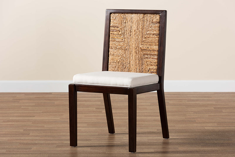 Ani Modern Bohemian Dark Brown Mahogany Wood and Natural Seagrass Dining Side Chair