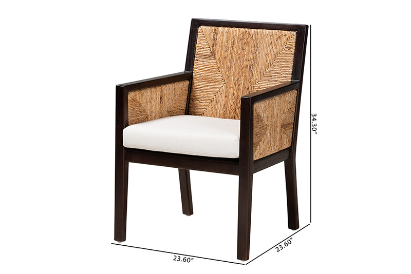 Ani Modern Bohemian Dark Brown Mahogany Wood and Natural Seagrass Dining Arm Chair