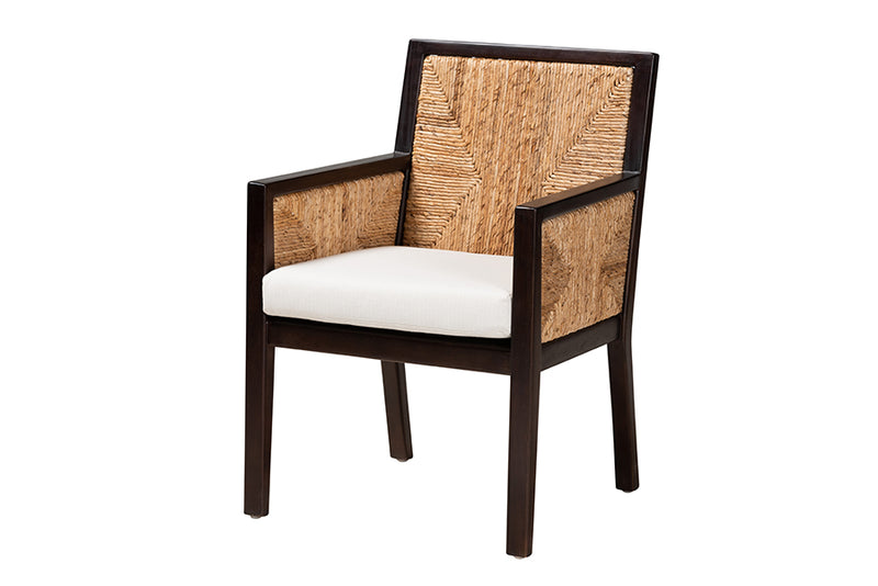 Ani Modern Bohemian Dark Brown Mahogany Wood and Natural Seagrass Dining Arm Chair