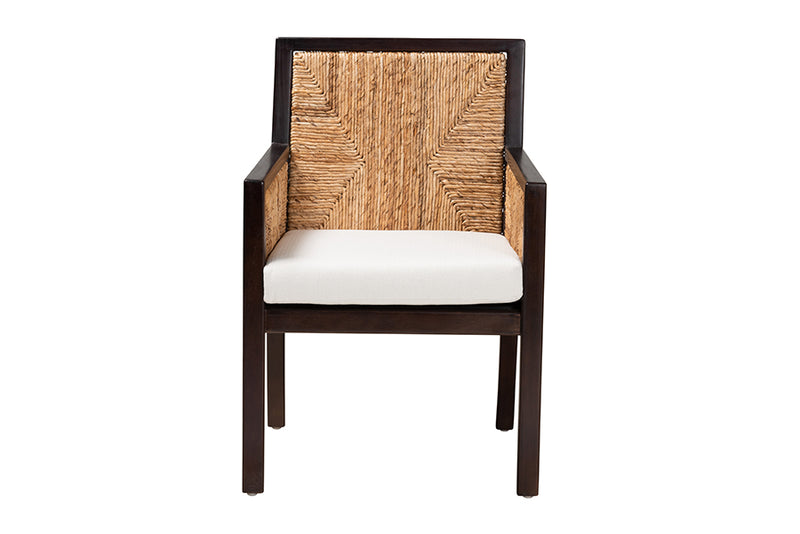 Ani Modern Bohemian Dark Brown Mahogany Wood and Natural Seagrass Dining Arm Chair