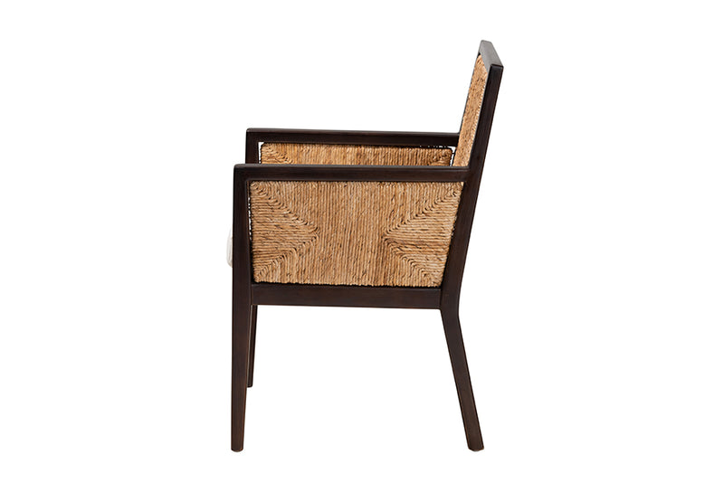 Ani Modern Bohemian Dark Brown Mahogany Wood and Natural Seagrass Dining Arm Chair