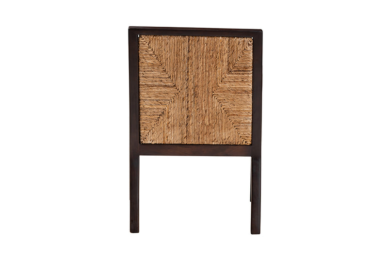 Ani Modern Bohemian Dark Brown Mahogany Wood and Natural Seagrass Dining Arm Chair