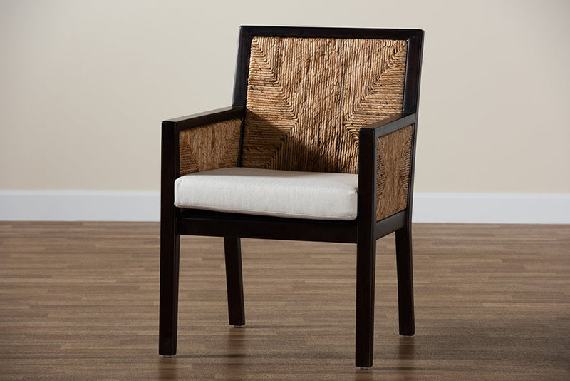 Ani Dark Brown Mahogany Wood and Natural Seagrass Dining Arm Chair Baxton