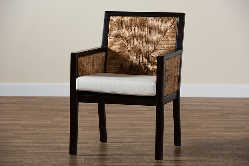 Ani Modern Bohemian Dark Brown Mahogany Wood and Natural Seagrass Dining Arm Chair