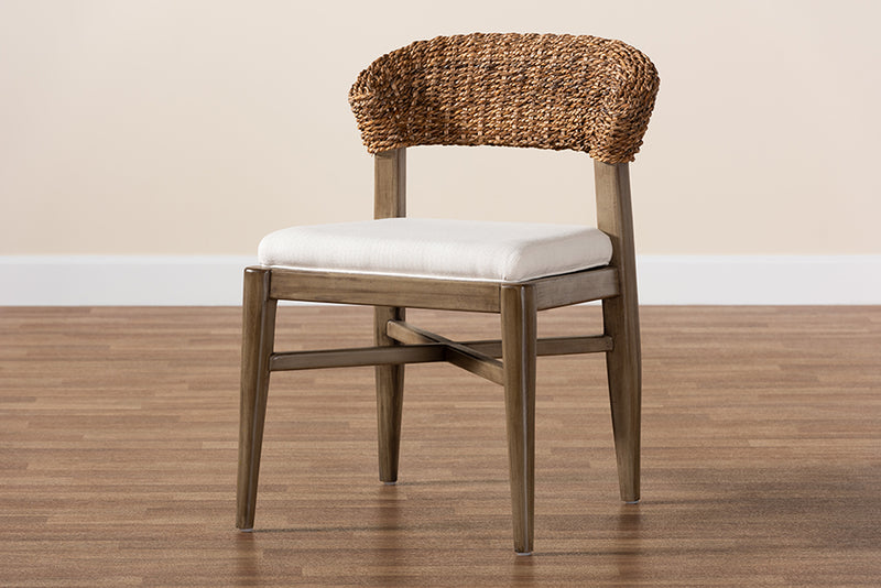 Stewart Modern Bohemian Walnut Brown Finished Mahogany Wood and Natural Rattan Dining Chair