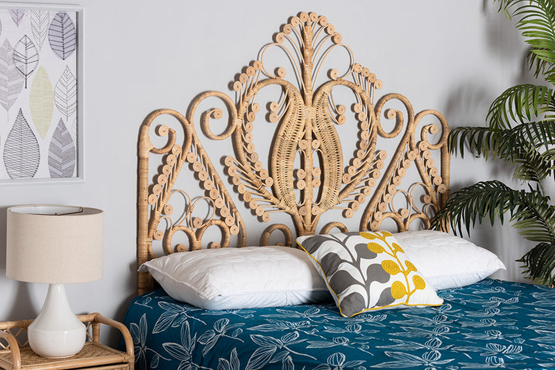 Nadia Modern Bohemian Natural Brown Rattan Queen Size Standalone Headboard