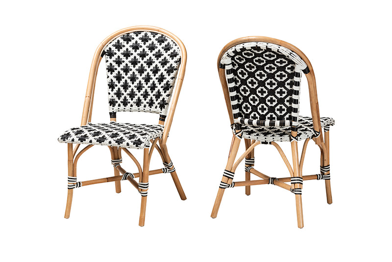 Georgina Modern French Black and White Weaving Natural Rattan 2-Piece Bistro Chair Set