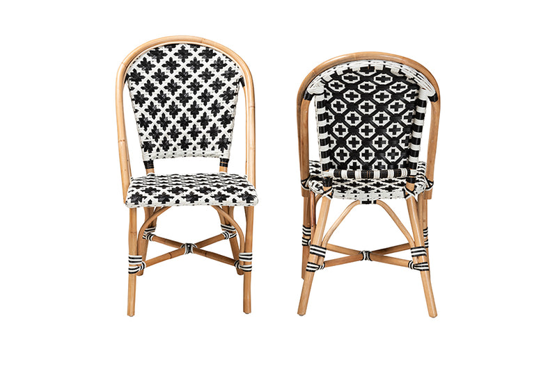 Georgina Modern French Black and White Weaving Natural Rattan 2-Piece Bistro Chair Set