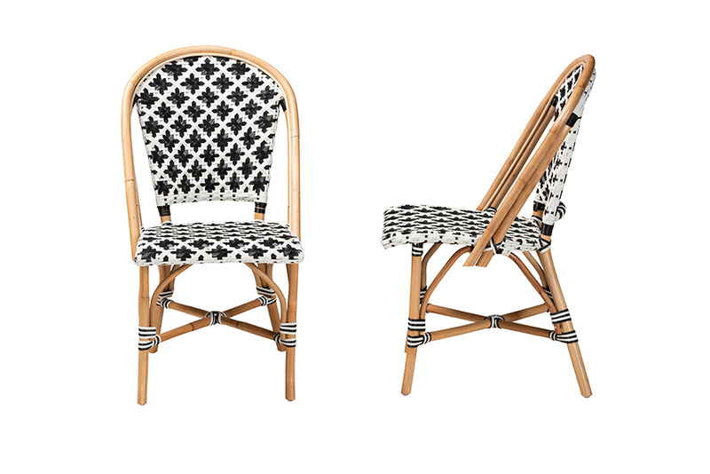 Georgina Modern French Black and White Weaving Natural Rattan 2-Piece Bistro Chair Set