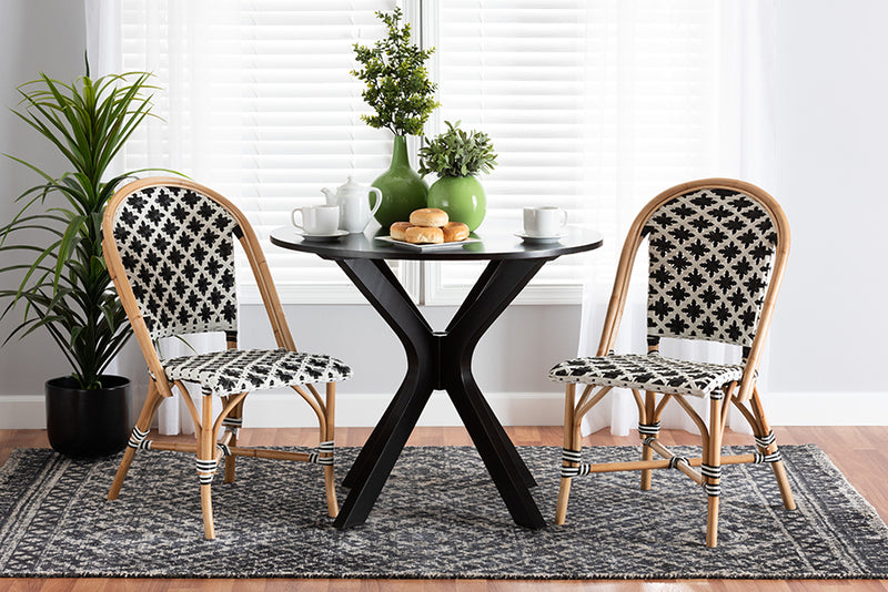 Georgina Modern French Black and White Weaving Natural Rattan 2-Piece Bistro Chair Set