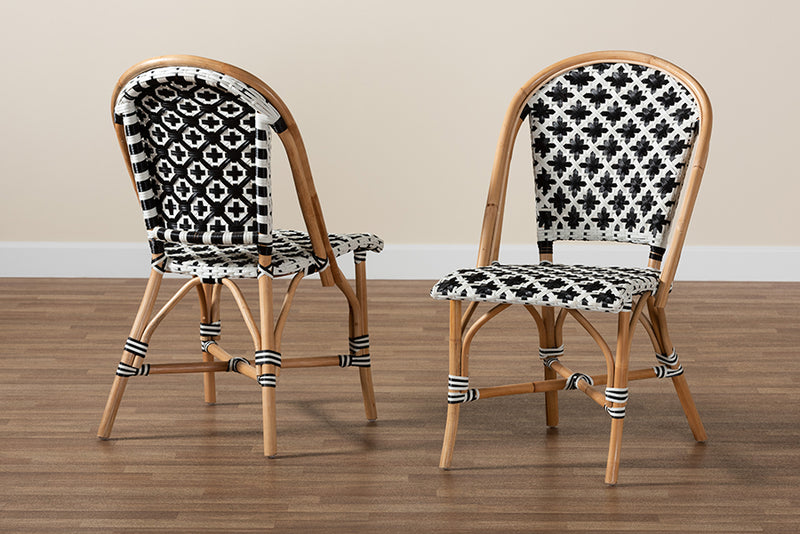 Georgina Modern French Black and White Weaving Natural Rattan 2-Piece Bistro Chair Set