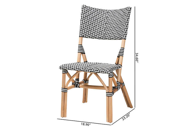 Pierre Modern French Black and White Weaving and Natural Rattan Bistro Chair