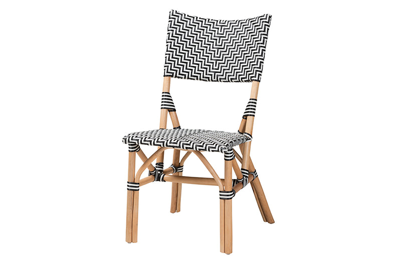 Pierre Modern French Black and White Weaving and Natural Rattan Bistro Chair