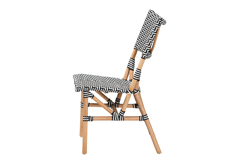 Pierre Modern French Black and White Weaving and Natural Rattan Bistro Chair