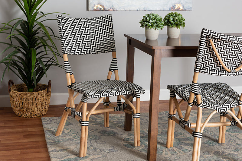 Pierre Black and White Weaving and Natural Rattan Bistro Chair Baxton