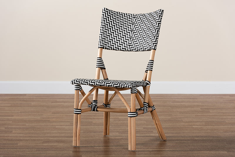 Pierre Modern French Black and White Weaving and Natural Rattan Bistro Chair