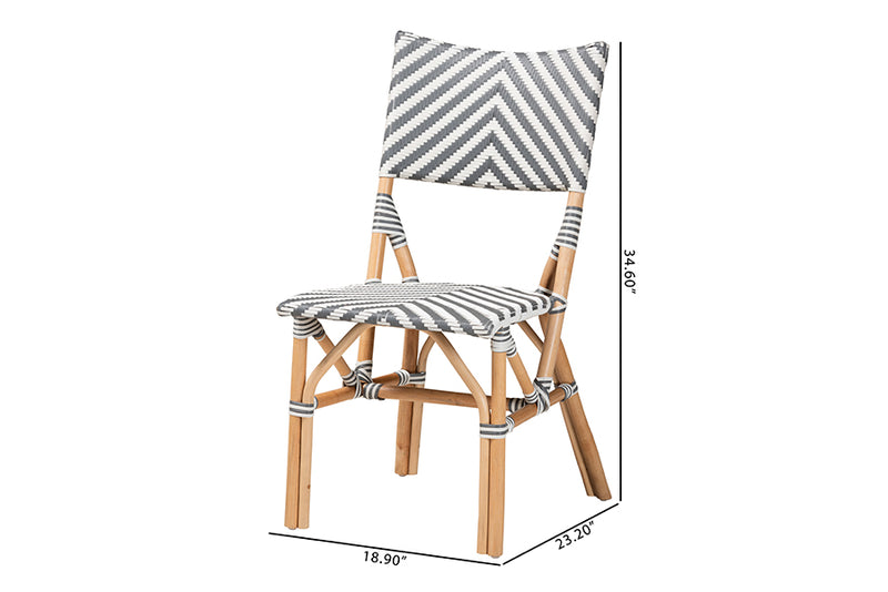 Delphine Modern French Gray and White Weaving and Natural Rattan Bistro Chair