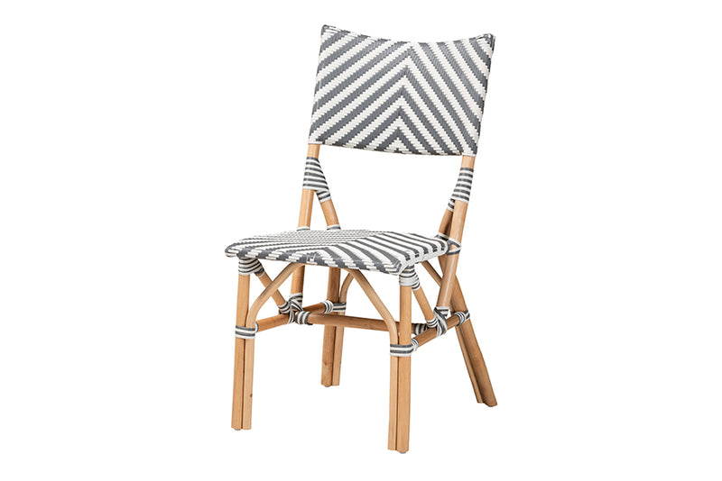 Delphine Modern French Gray and White Weaving and Natural Rattan Bistro Chair