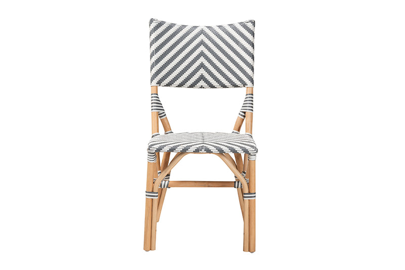 Delphine Modern French Gray and White Weaving and Natural Rattan Bistro Chair