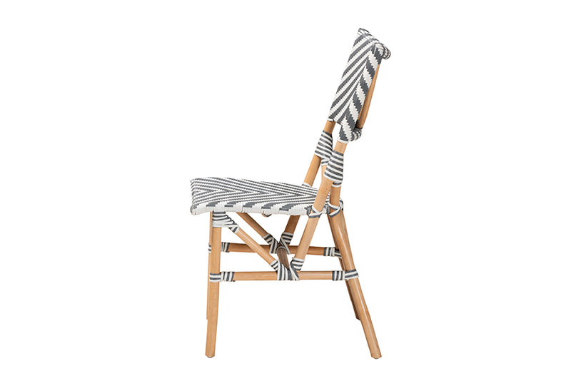 Delphine Modern French Gray and White Weaving and Natural Rattan Bistro Chair