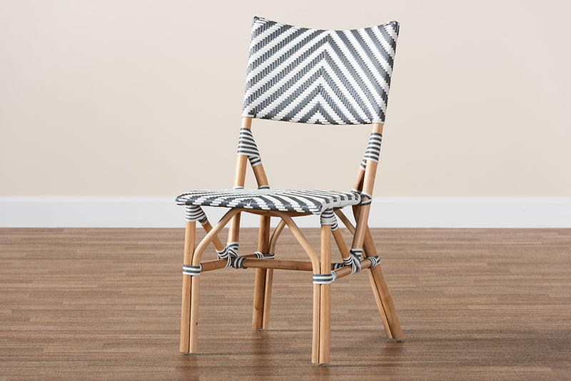 Delphine Modern French Gray and White Weaving and Natural Rattan Bistro Chair