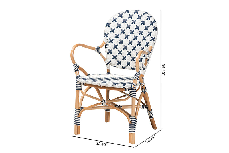 Hadley Modern French Blue and White Weaving and Natural Rattan Bistro Chair