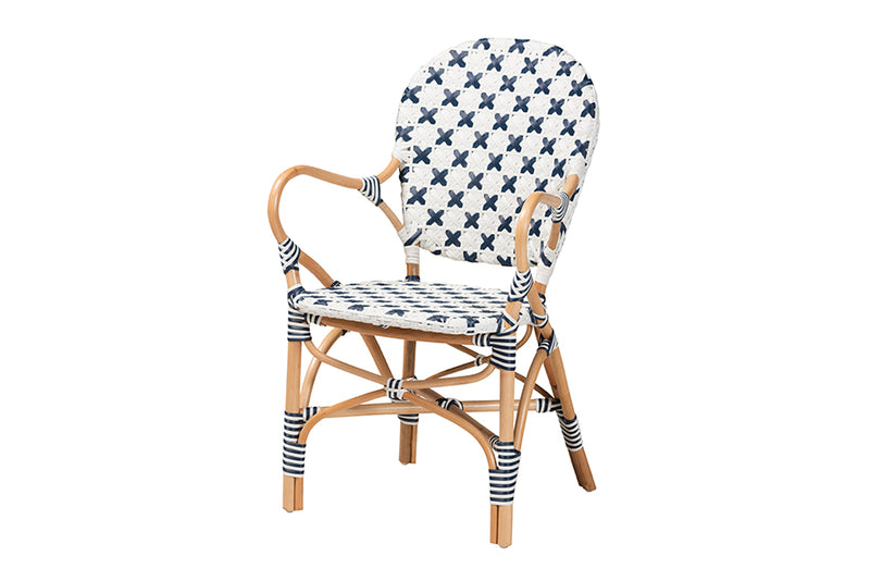 Hadley Modern French Blue and White Weaving and Natural Rattan Bistro Chair