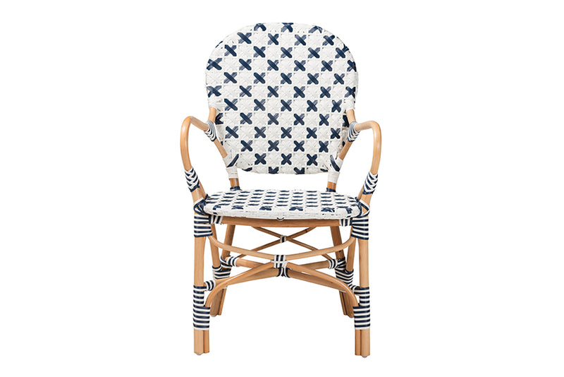 Hadley Modern French Blue and White Weaving and Natural Rattan Bistro Chair