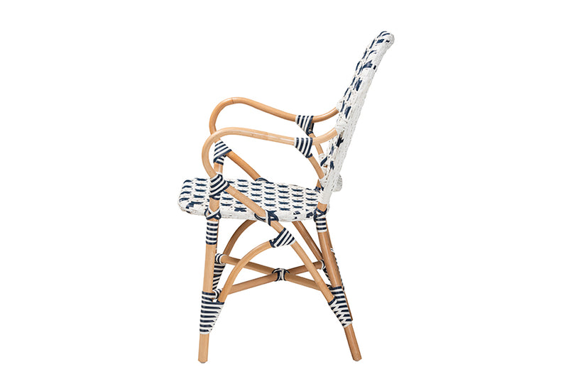 Hadley Modern French Blue and White Weaving and Natural Rattan Bistro Chair