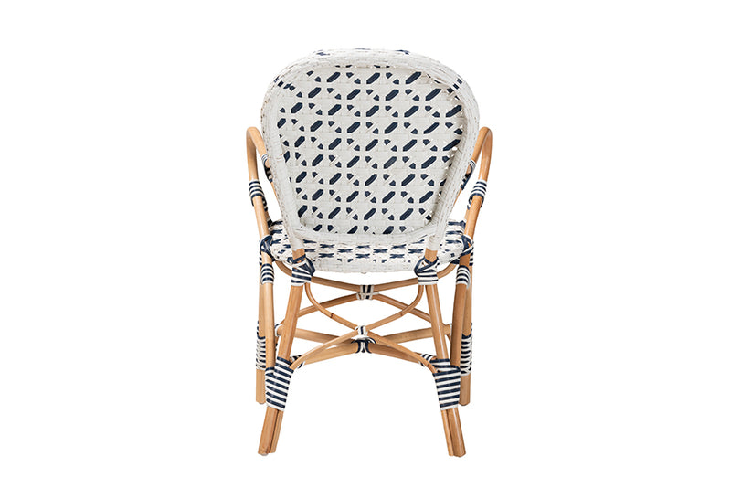 Hadley Modern French Blue and White Weaving and Natural Rattan Bistro Chair