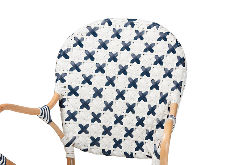 Hadley Modern French Blue and White Weaving and Natural Rattan Bistro Chair