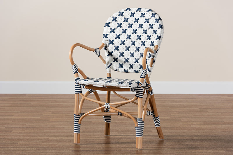 Hadley Modern French Blue and White Weaving and Natural Rattan Bistro Chair