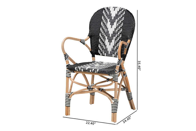 Adrika Modern French Two-Tone Black and White Weaving and Natural Rattan Indoor Dining Chair