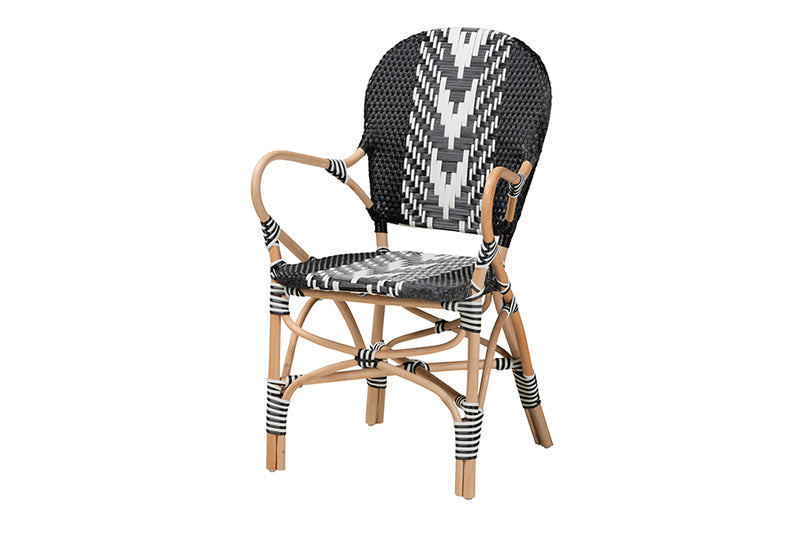 Adrika Modern French Two-Tone Black and White Weaving and Natural Rattan Indoor Dining Chair