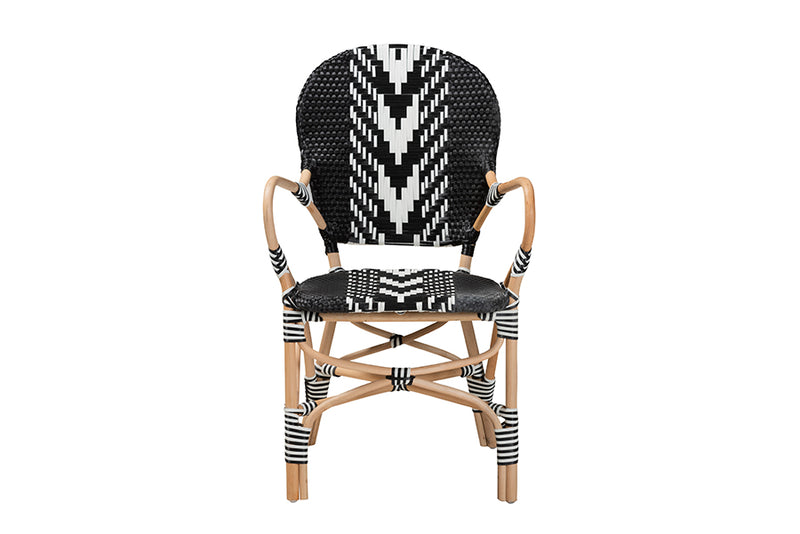 Adrika Modern French Two-Tone Black and White Weaving and Natural Rattan Indoor Dining Chair