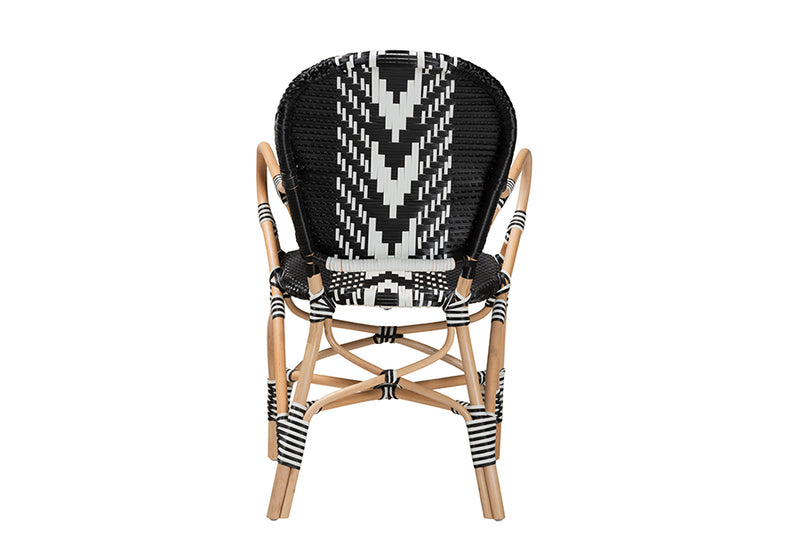 Adrika Modern French Two-Tone Black and White Weaving and Natural Rattan Indoor Dining Chair