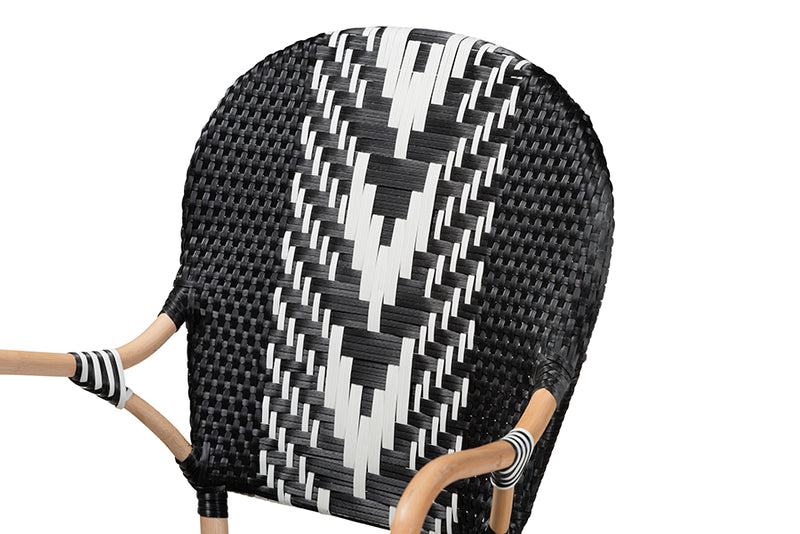 Adrika Modern French Two-Tone Black and White Weaving and Natural Rattan Indoor Dining Chair