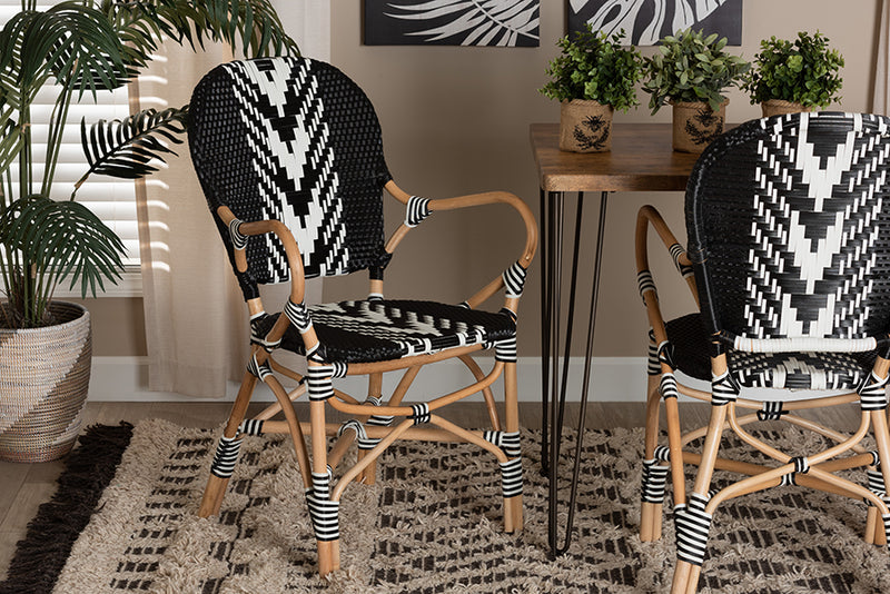 Adrika Modern French Two-Tone Black and White Weaving and Natural Rattan Indoor Dining Chair