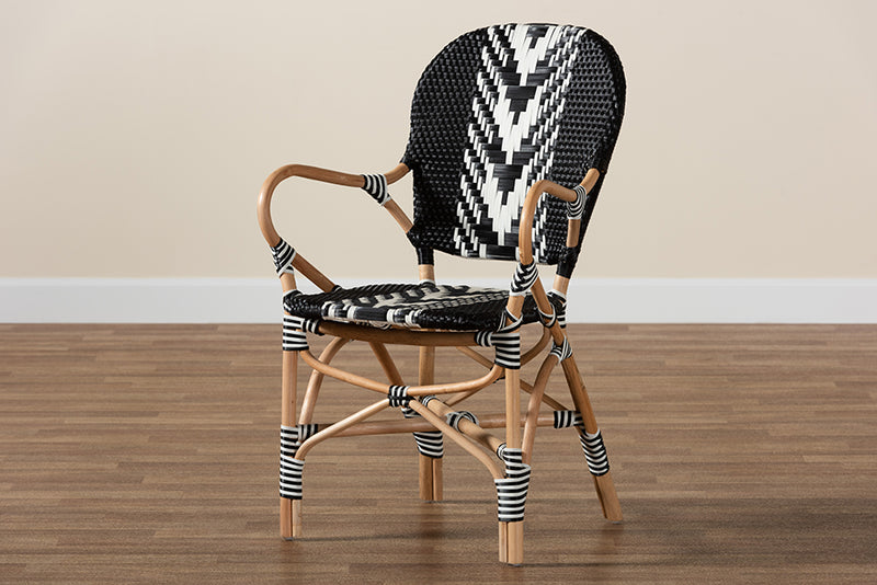 Adrika Modern French Two-Tone Black and White Weaving and Natural Rattan Indoor Dining Chair