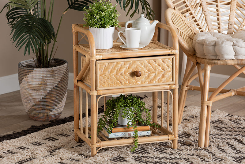 Adrena Modern Bohemian Natural Brown Rattan 1-Drawer Nightstand