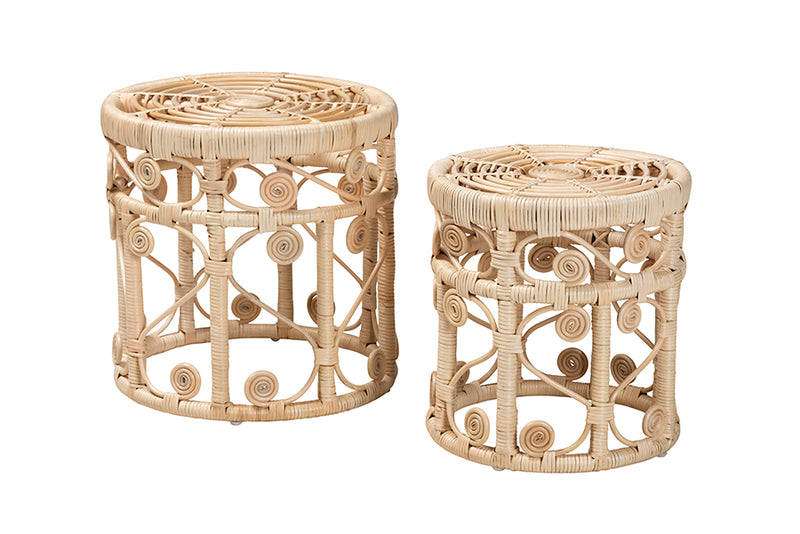 Castiel Modern Bohemian Natural Brown Rattan 2-Piece Nesting End Table Set