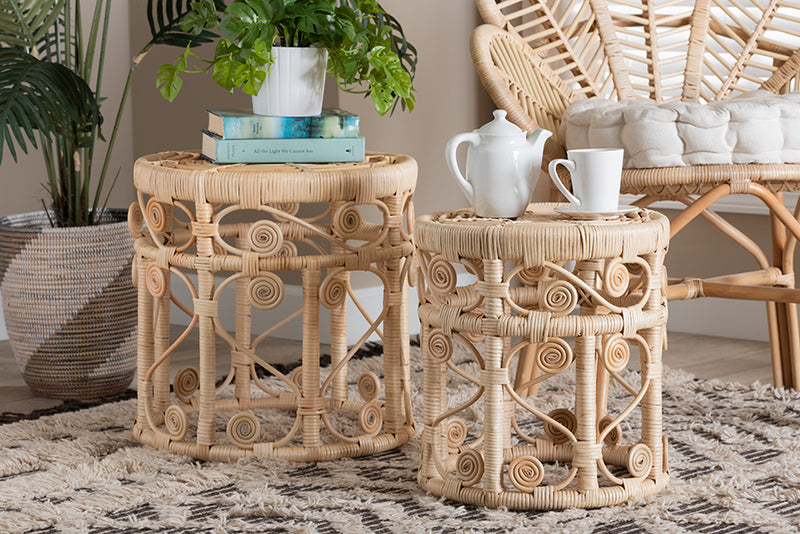 Castiel Modern Bohemian Natural Brown Rattan 2-Piece Nesting End Table Set