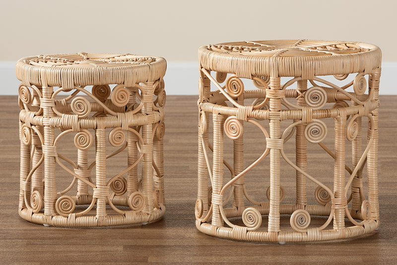 Castiel Modern Bohemian Natural Brown Rattan 2-Piece Nesting End Table Set