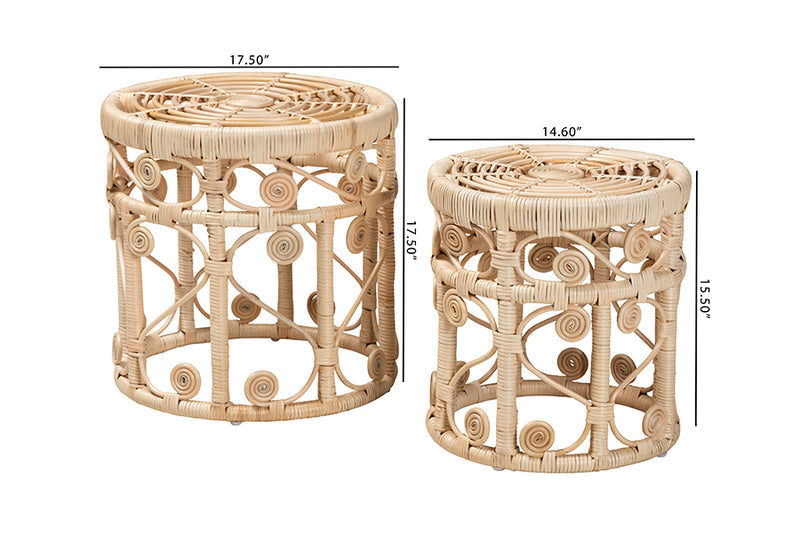 Castiel Modern Bohemian Natural Brown Rattan 2-Piece Nesting End Table Set