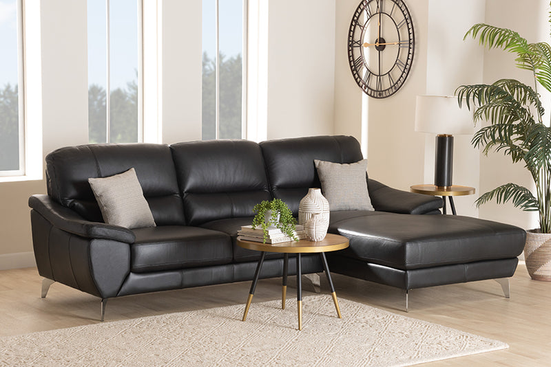 Harumi Modern Black Full Leather Sectional Sofa w/Right Facing Chaise