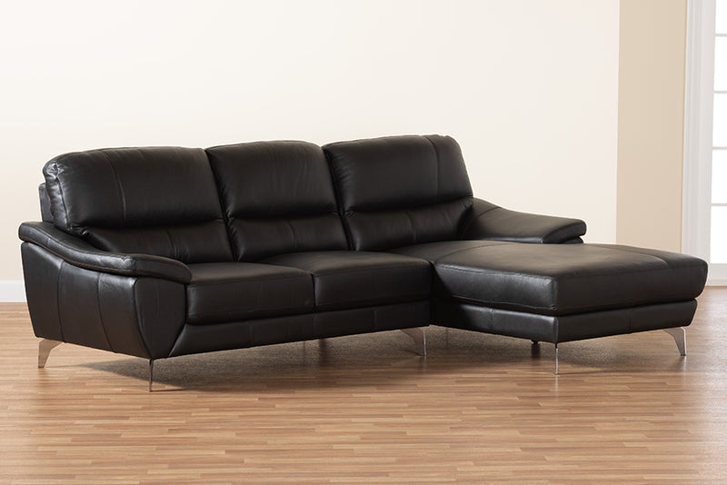 Harumi Modern Black Full Leather Sectional Sofa w/Right Facing Chaise